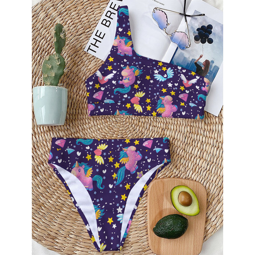 Cute Night Star Unicorn Pattern Print One Shoulder Bikini Top