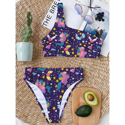 Cute Night Star Unicorn Pattern Print One Shoulder Bikini Top