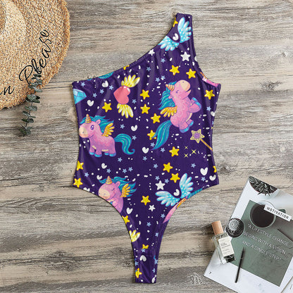 Cute Night Star Unicorn Pattern Print One Shoulder Bodysuit