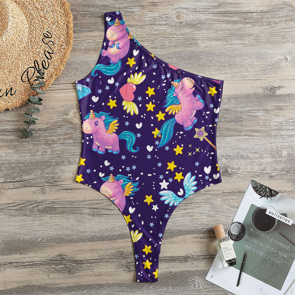 Cute Night Star Unicorn Pattern Print One Shoulder Bodysuit