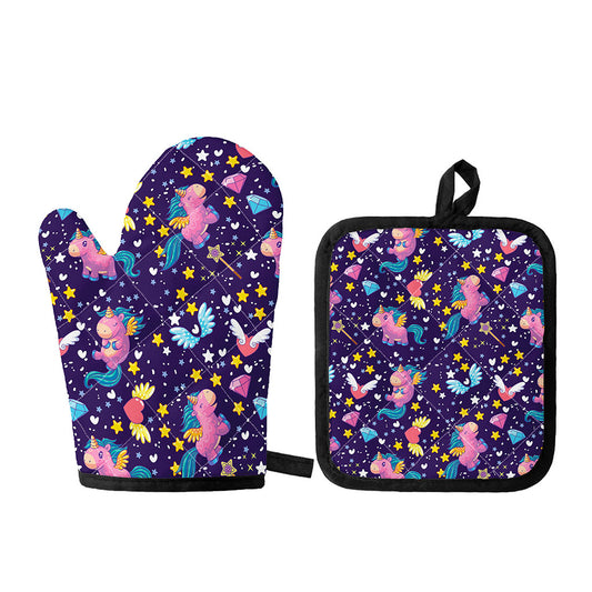 Cute Night Star Unicorn Pattern Print Oven Mitt And Pot Holder Set