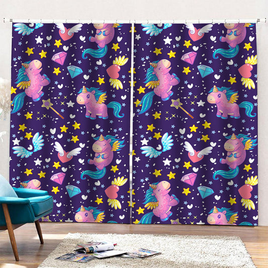 Cute Night Star Unicorn Pattern Print Pencil Pleat Curtains