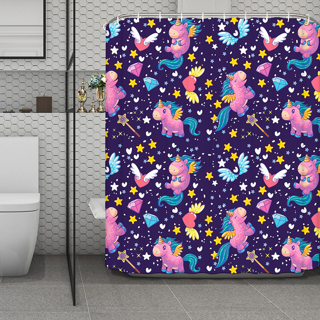 Cute Night Star Unicorn Pattern Print Polyester Shower Curtain