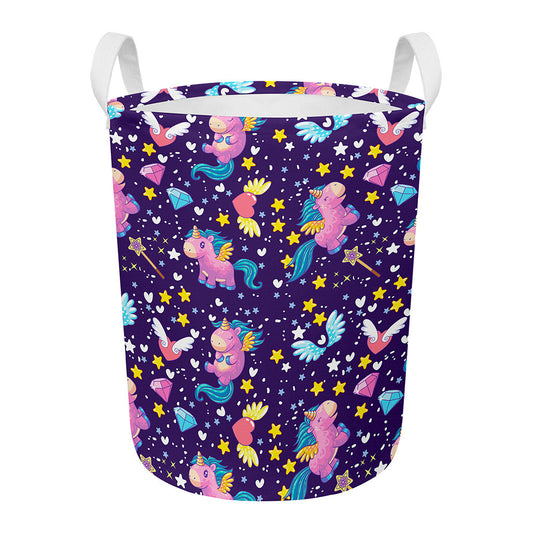 Cute Night Star Unicorn Pattern Print Round Laundry Basket