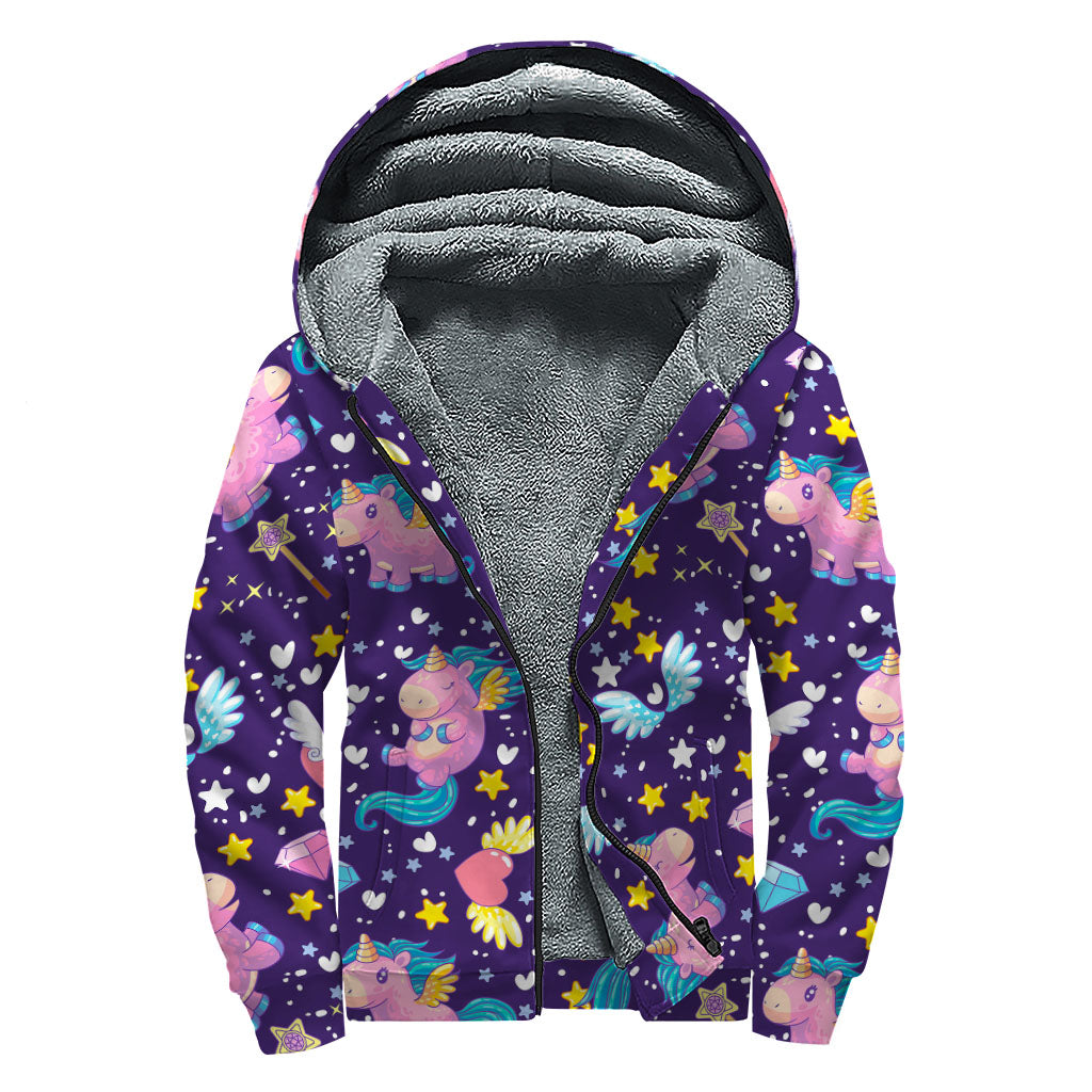 Cute Night Star Unicorn Pattern Print Sherpa Lined Zip Up Hoodie