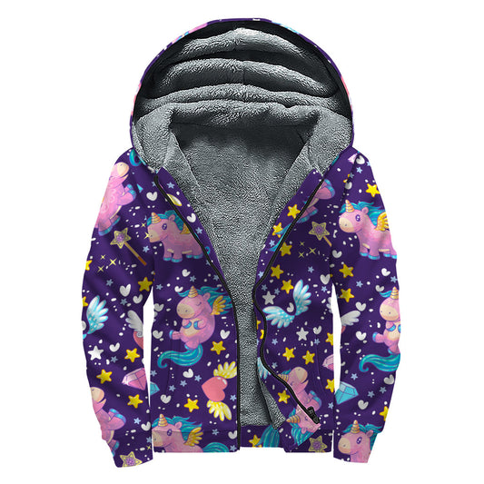 Cute Night Star Unicorn Pattern Print Sherpa Lined Zip Up Hoodie