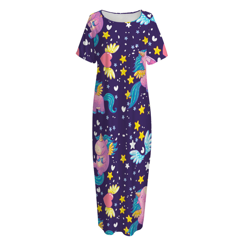 Cute Night Star Unicorn Pattern Print Short Sleeve Long Nightdress