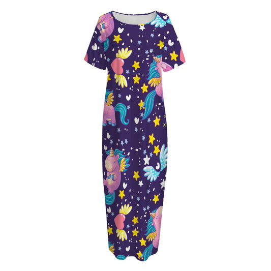 Cute Night Star Unicorn Pattern Print Short Sleeve Long Nightdress