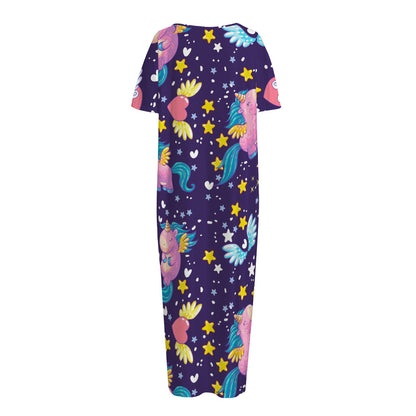 Cute Night Star Unicorn Pattern Print Short Sleeve Long Nightdress