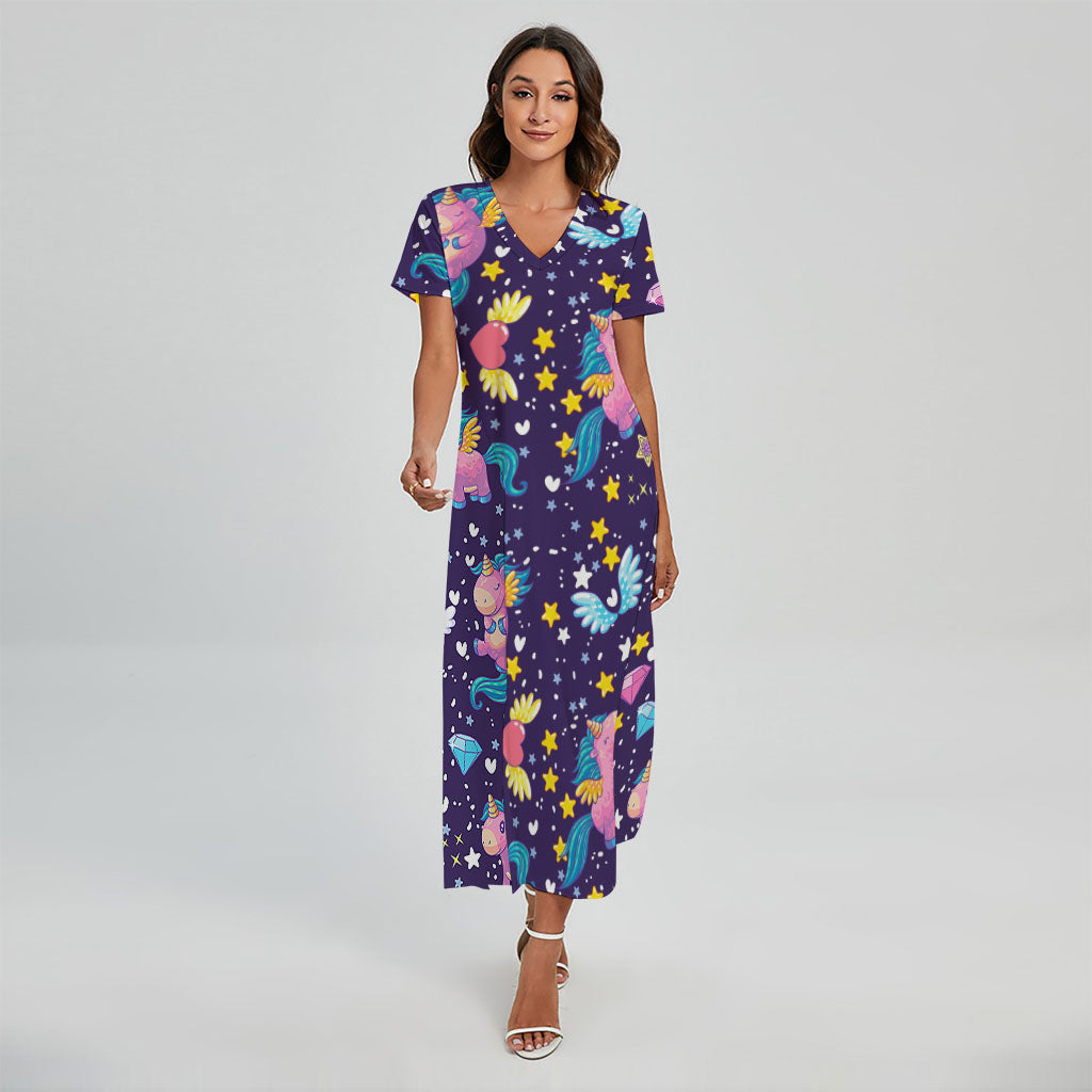 Cute Night Star Unicorn Pattern Print Short Sleeve Maxi Dress