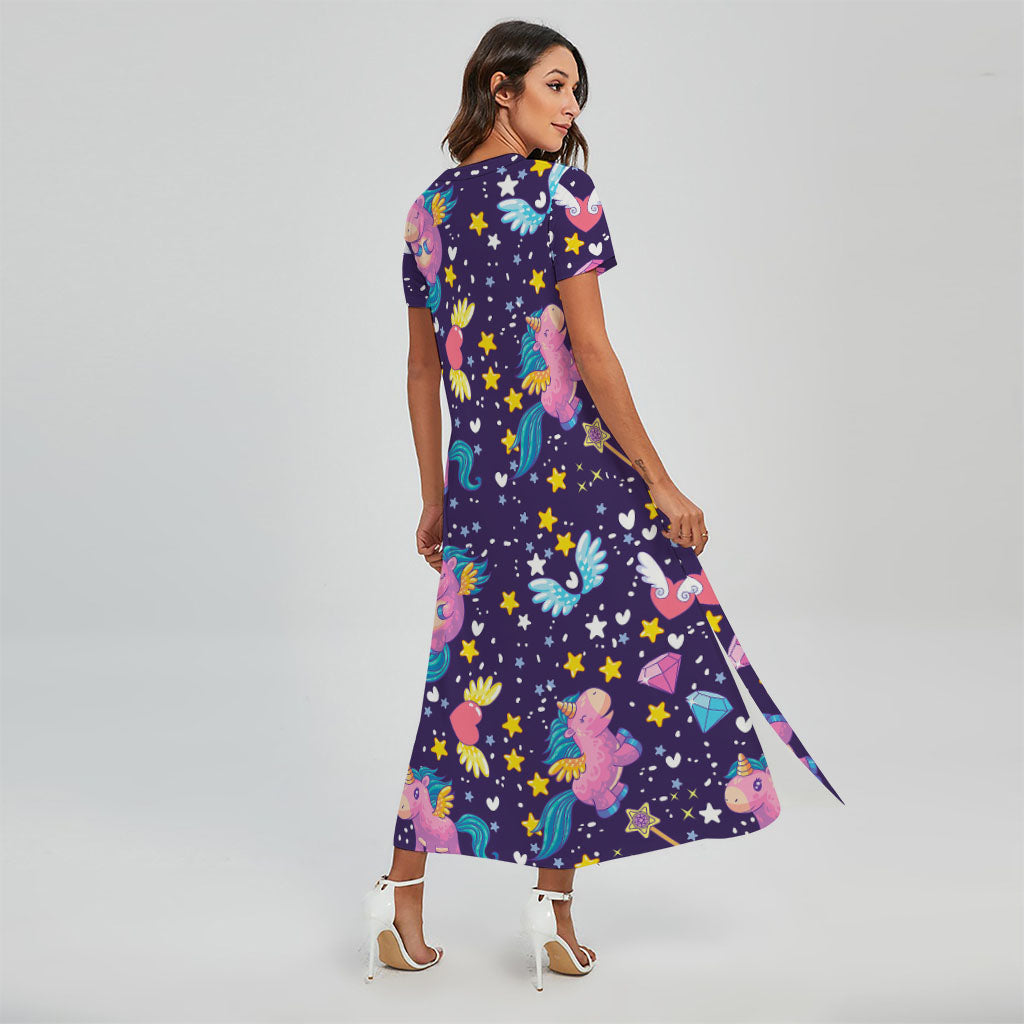 Cute Night Star Unicorn Pattern Print Short Sleeve Maxi Dress