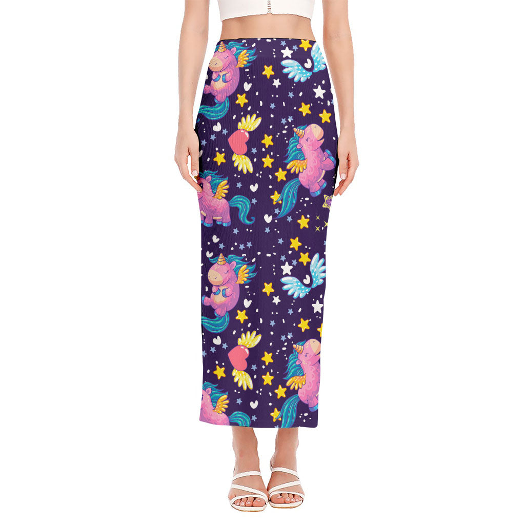 Cute Night Star Unicorn Pattern Print Side Slit Maxi Skirt