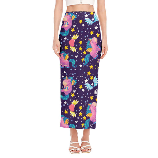 Cute Night Star Unicorn Pattern Print Side Slit Maxi Skirt