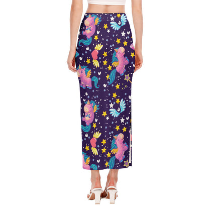 Cute Night Star Unicorn Pattern Print Side Slit Maxi Skirt