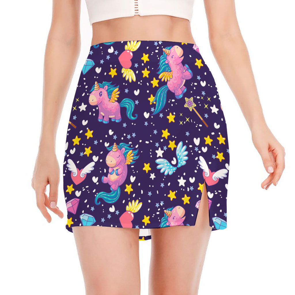Cute Night Star Unicorn Pattern Print Side Slit Mini Skirt