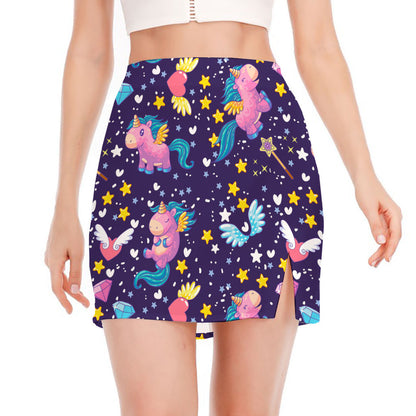 Cute Night Star Unicorn Pattern Print Side Slit Mini Skirt