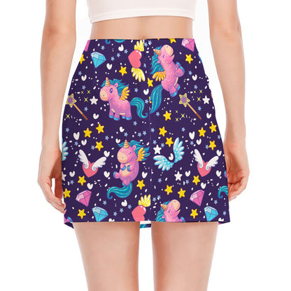 Cute Night Star Unicorn Pattern Print Side Slit Mini Skirt