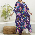 Cute Night Star Unicorn Pattern Print Silk V-Neck Kaftan Dress