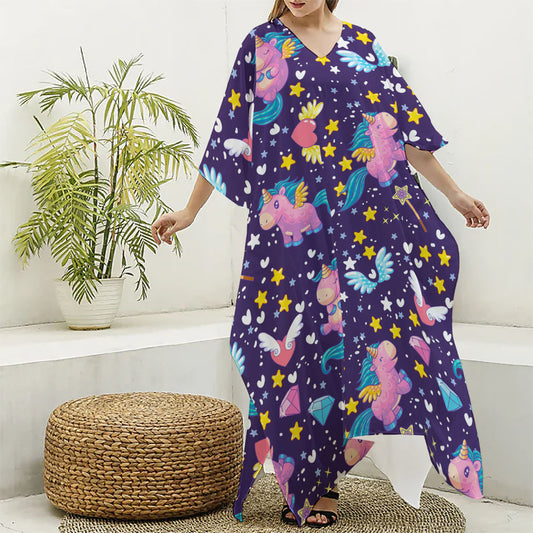 Cute Night Star Unicorn Pattern Print Silk V-Neck Kaftan Dress