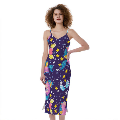 Cute Night Star Unicorn Pattern Print Slim Fit Midi Cami Dress