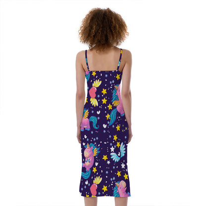 Cute Night Star Unicorn Pattern Print Slim Fit Midi Cami Dress