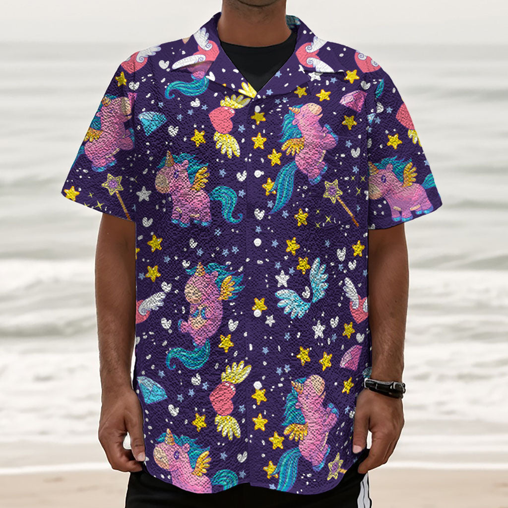 Cute Night Star Unicorn Pattern Print Textured Short Sleeve Shirt