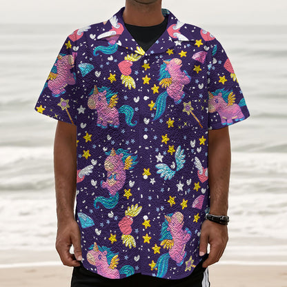Cute Night Star Unicorn Pattern Print Textured Short Sleeve Shirt