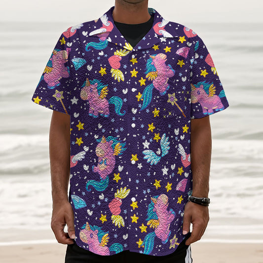 Cute Night Star Unicorn Pattern Print Textured Short Sleeve Shirt
