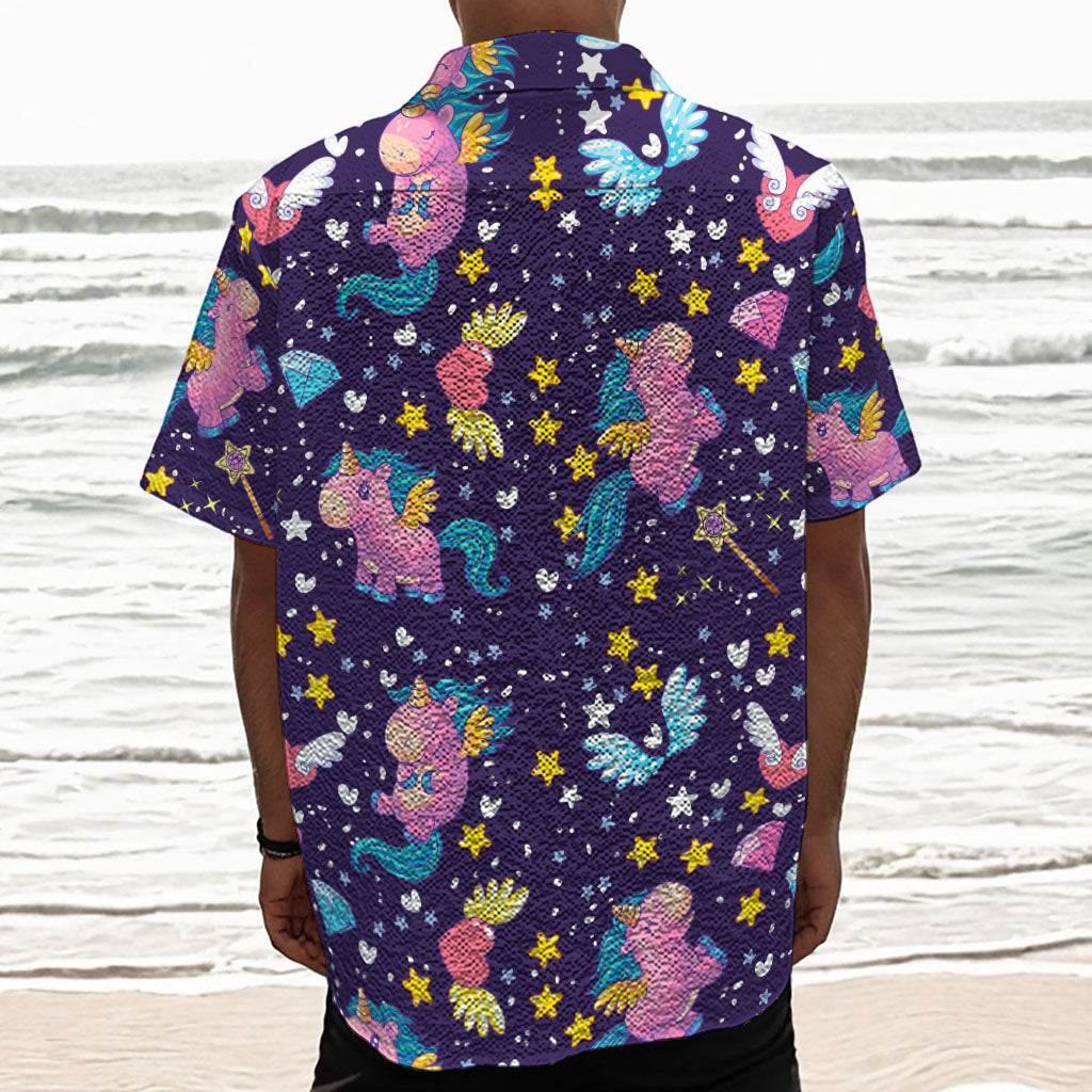 Cute Night Star Unicorn Pattern Print Textured Short Sleeve Shirt