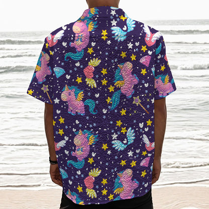 Cute Night Star Unicorn Pattern Print Textured Short Sleeve Shirt