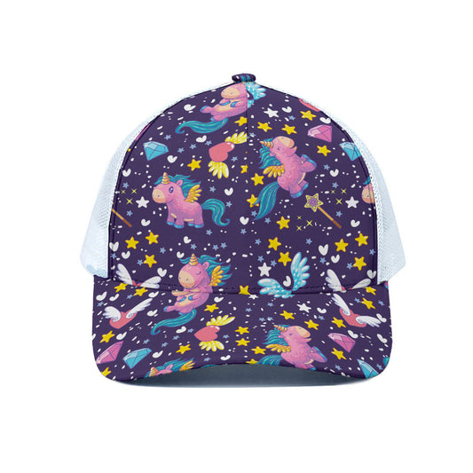 Cute Night Star Unicorn Pattern Print White Mesh Trucker Cap