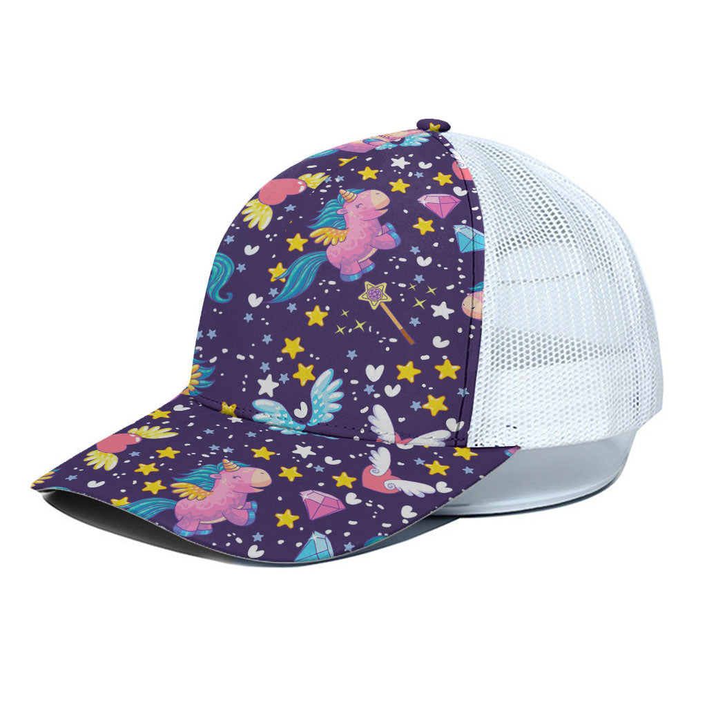 Cute Night Star Unicorn Pattern Print White Mesh Trucker Cap