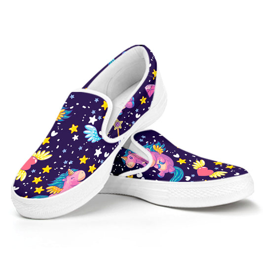 Cute Night Star Unicorn Pattern Print White Slip On Sneakers