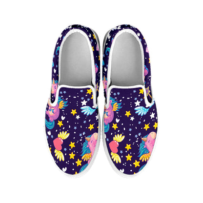 Cute Night Star Unicorn Pattern Print White Slip On Sneakers