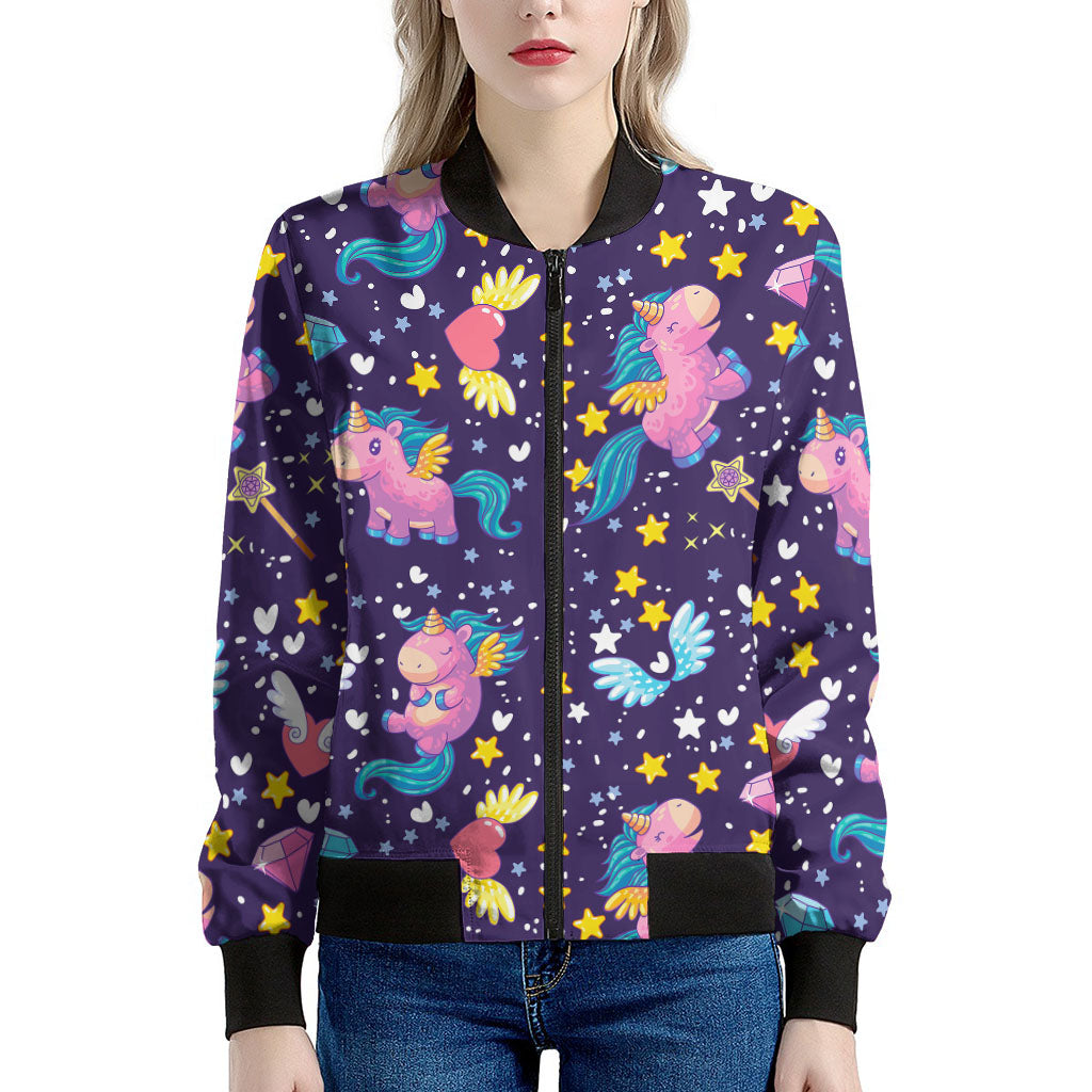 Cute Night Star Unicorn Pattern Print Women's Bomber Jacket