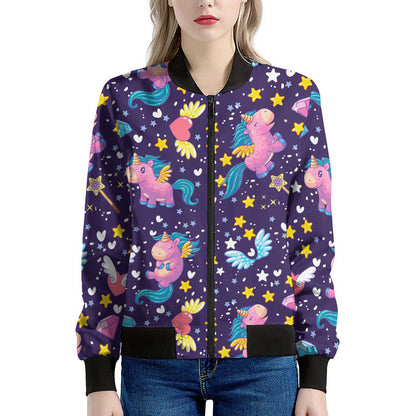 Cute Night Star Unicorn Pattern Print Women's Bomber Jacket