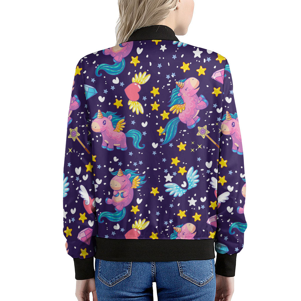 Cute Night Star Unicorn Pattern Print Women's Bomber Jacket