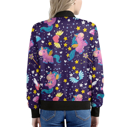 Cute Night Star Unicorn Pattern Print Women's Bomber Jacket