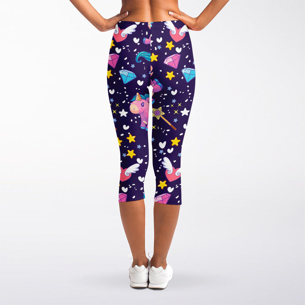 Cute Night Star Unicorn Pattern Print Women's Capri Leggings