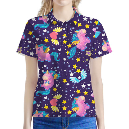 Cute Night Star Unicorn Pattern Print Women's Polo Shirt