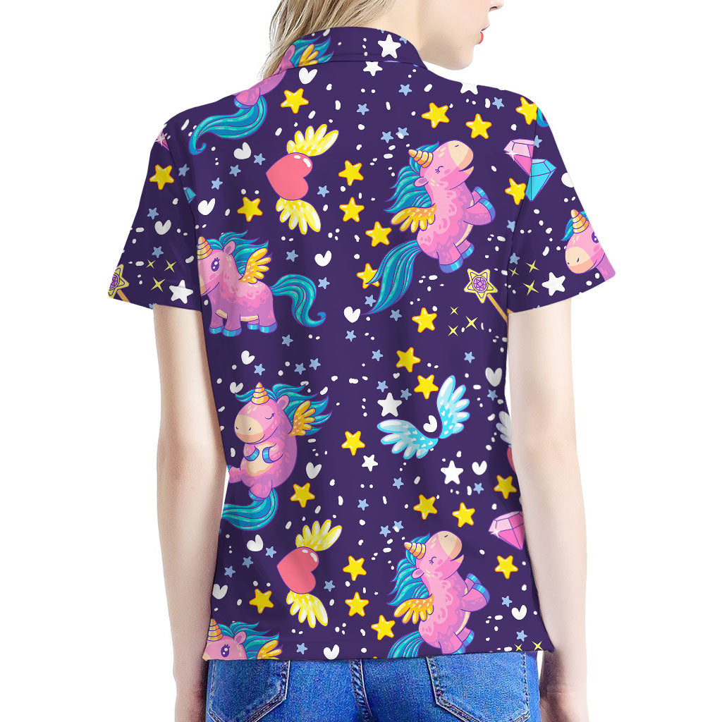 Cute Night Star Unicorn Pattern Print Women's Polo Shirt