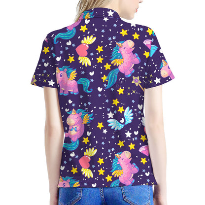 Cute Night Star Unicorn Pattern Print Women's Polo Shirt