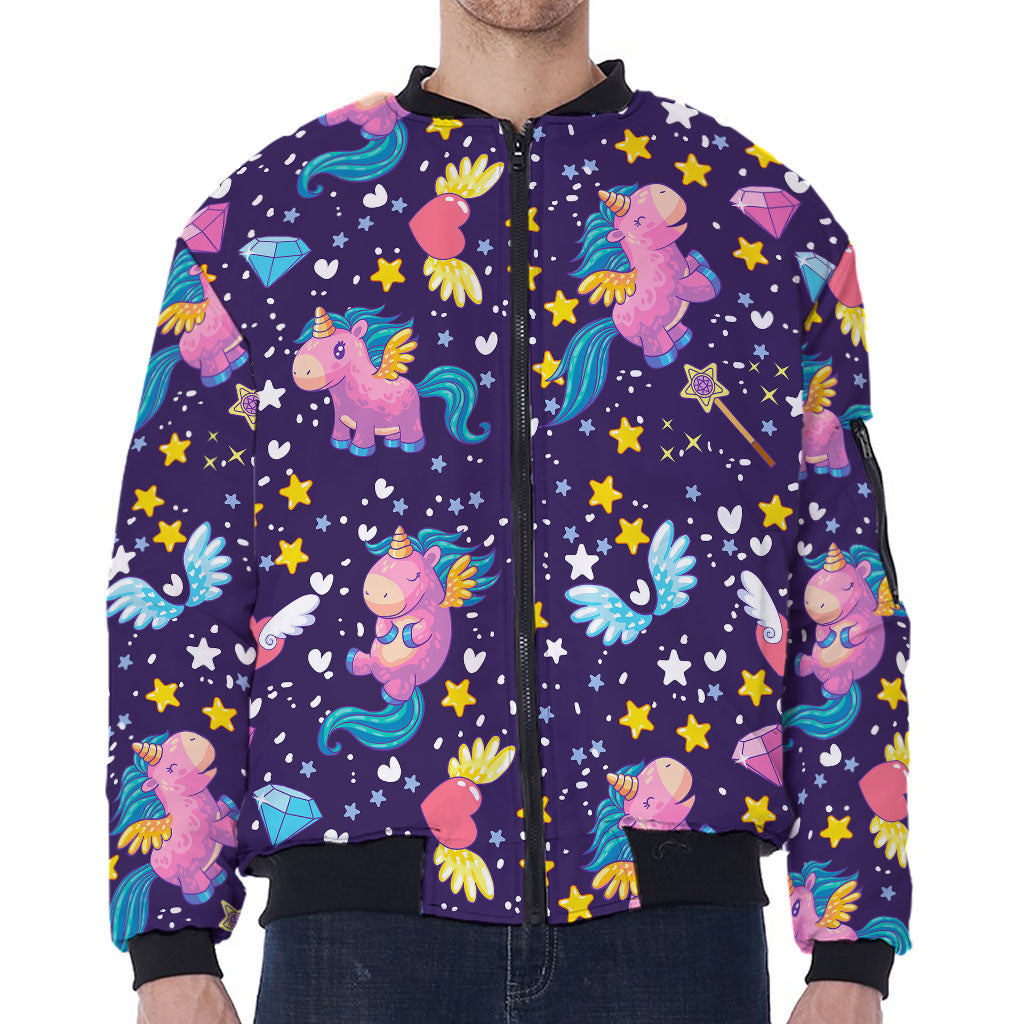 Cute Night Star Unicorn Pattern Print Zip Sleeve Bomber Jacket