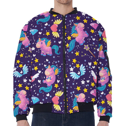 Cute Night Star Unicorn Pattern Print Zip Sleeve Bomber Jacket