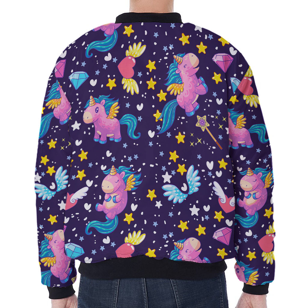 Cute Night Star Unicorn Pattern Print Zip Sleeve Bomber Jacket