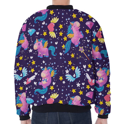Cute Night Star Unicorn Pattern Print Zip Sleeve Bomber Jacket