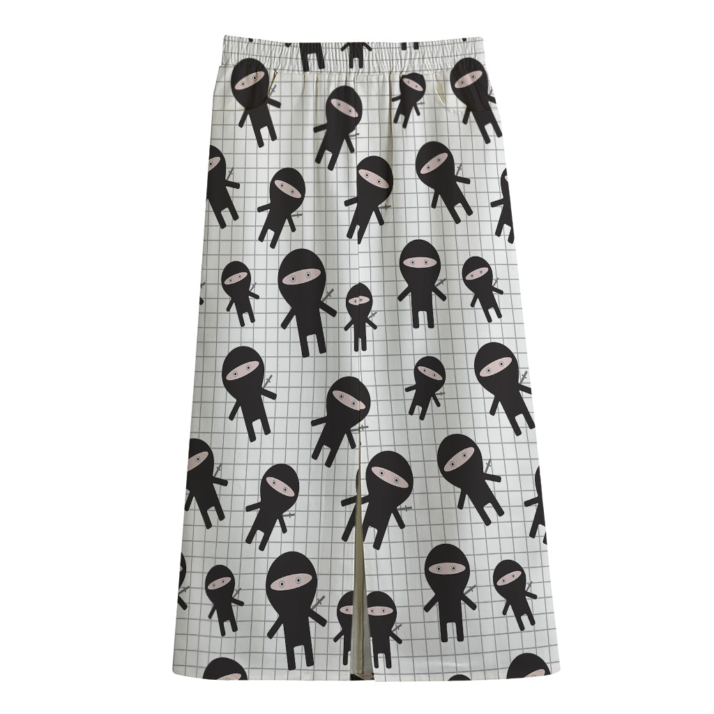 Cute Ninja Pattern Print Cotton Front Slit Maxi Skirt