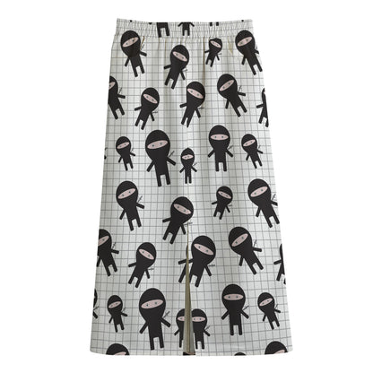 Cute Ninja Pattern Print Cotton Front Slit Maxi Skirt