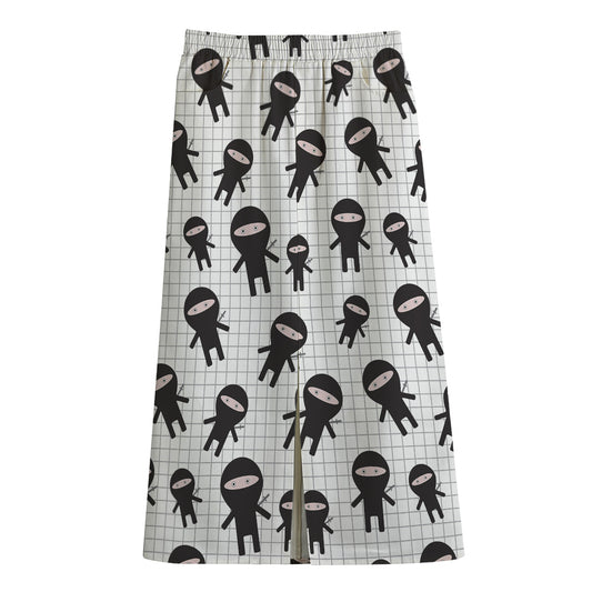 Cute Ninja Pattern Print Cotton Front Slit Maxi Skirt