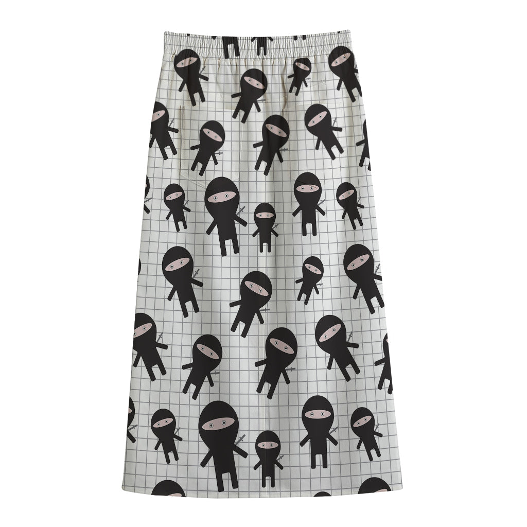 Cute Ninja Pattern Print Cotton Front Slit Maxi Skirt